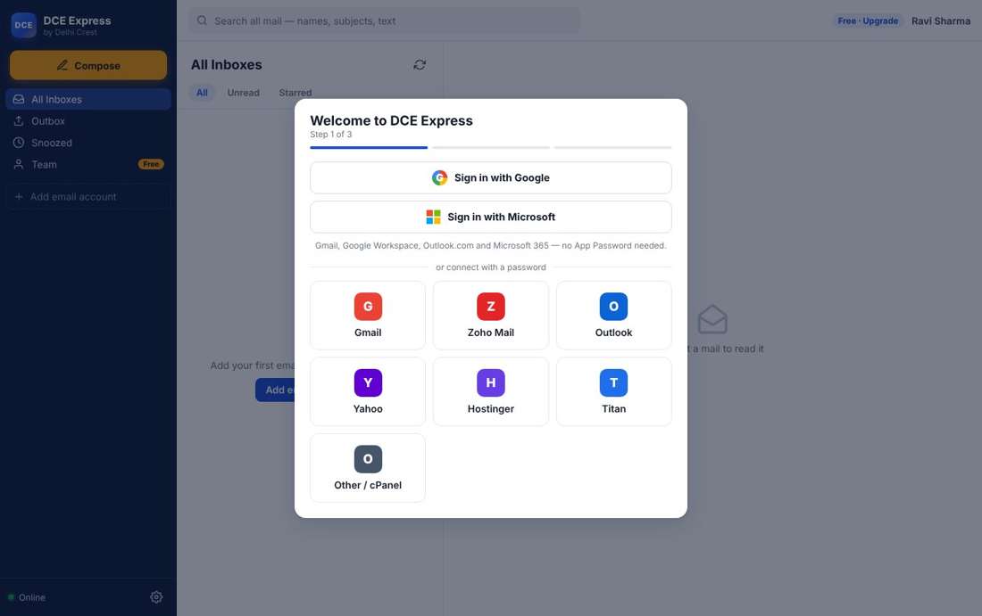 Adding an email account in DCE Express