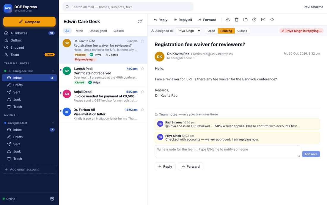 DCE Express team inbox: mail assigned to a teammate, status Pending, private notes and 'Priya is replying'